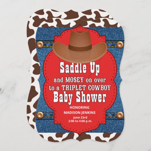 Invitation Baby shower Western Triplet Cowboys (Devant / Derrière)