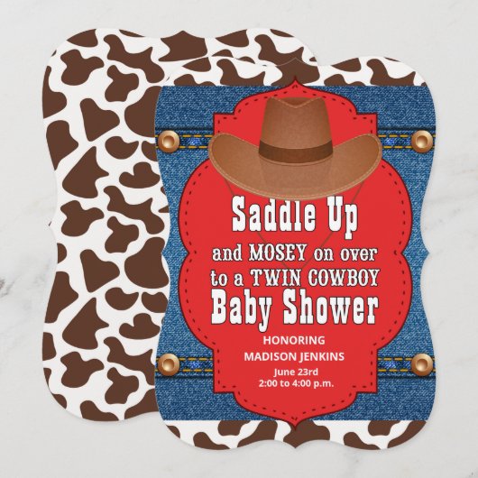 Invitation Baby shower Western Twin Cowboys (Devant / Derrière)