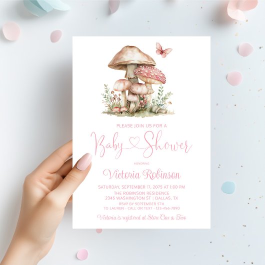 Invitation Baby shower Whimsical aux champignons roses