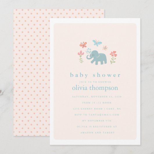 Invitation Baby shower Whimsical Baby Elephant (Devant / Derrière)