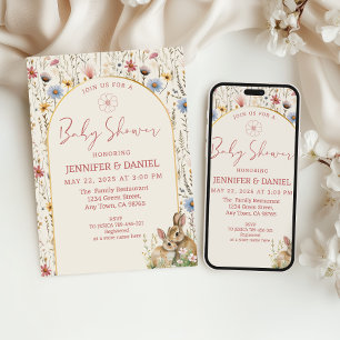 Invitation Baby shower Whimsical Beige Fleur sauvage Bunnies