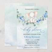 Invitation Baby shower Whimsical Blue Floral Elephant (Devant / Derrière)