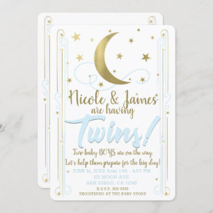 Invitation Baby shower Whimsical Blue Gold Moon Stars Twins