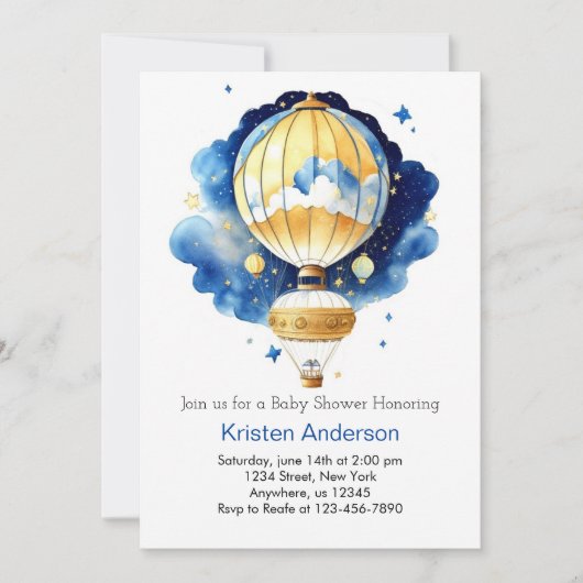 Invitation Baby shower Whimsical Boho Hot Air Balloon Boy (Devant)