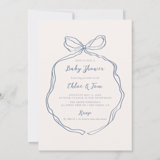 Invitation Baby shower Whimsical Bow Blue Stripes (Devant)
