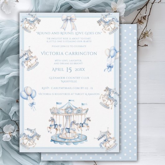 Invitation Baby shower Whimsical Carousel Blue Boy