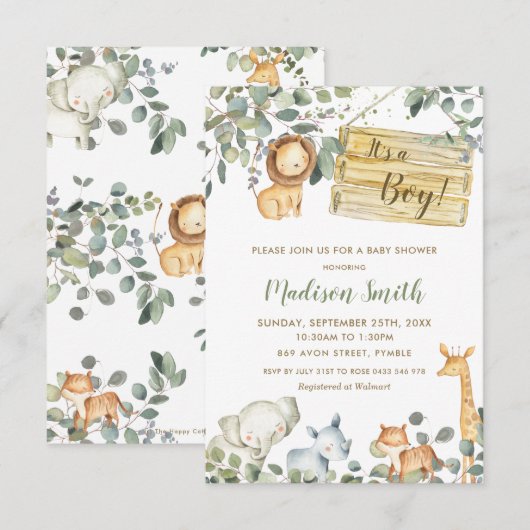 Invitation Baby shower Whimsical Chic Green Jungle Animals (Devant / Derrière)