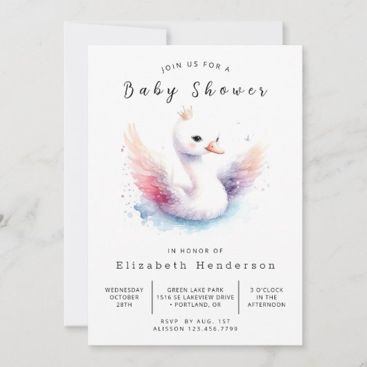 Invitation Baby shower Whimsical Custom Swan (Devant)