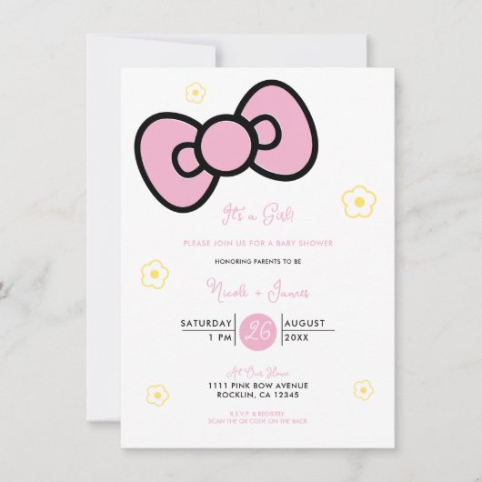 Invitation Baby shower Whimsical Cute Rose Bow (Devant)