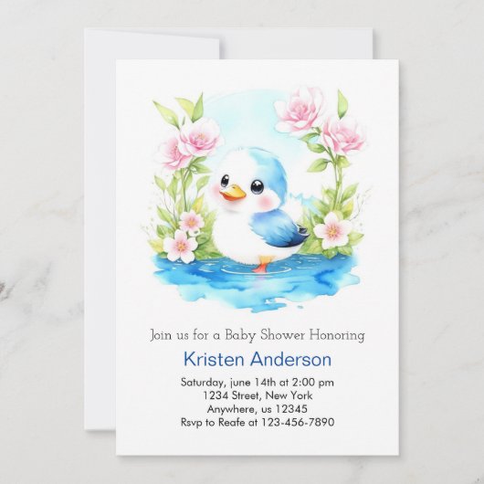 Invitation Baby shower Whimsical de canard bleu Floral (Devant)