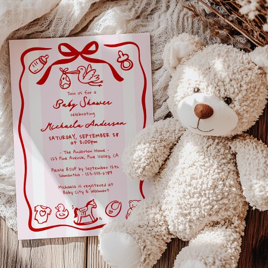 Invitation Baby shower Whimsical de Doodle rouge et rose à ma