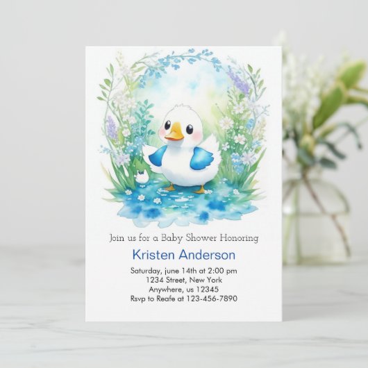 Invitation Baby shower Whimsical Duckling Blue Floral Boy (Debout devant)