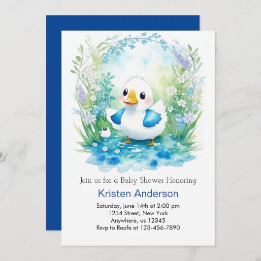 Invitation Baby shower Whimsical Duckling Blue Floral Boy (Devant / Derrière)