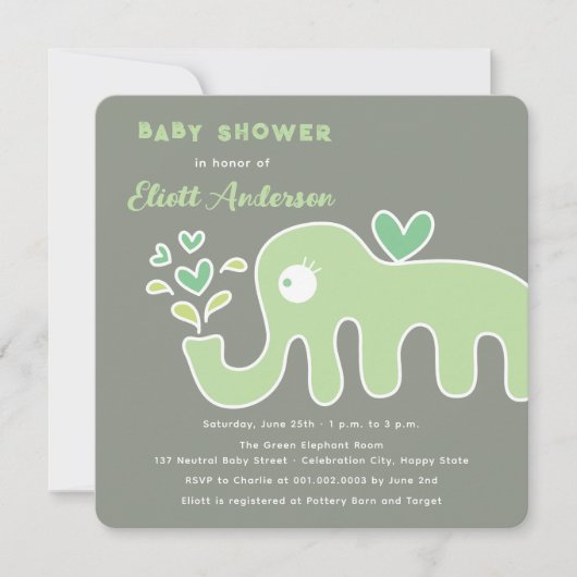 Invitation Baby shower Whimsical Eléphant Cartoon Vert (Devant)
