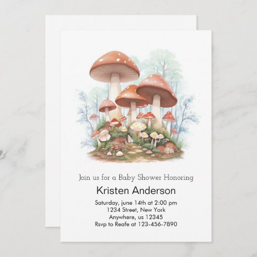 Invitation Baby shower Whimsical Enchanted Champignons (Devant / Derrière)