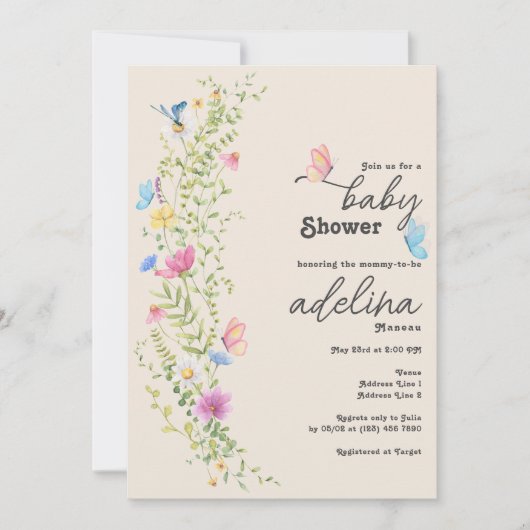Invitation Baby shower Whimsical Fleur sauvage Butterfly Gard (Devant)
