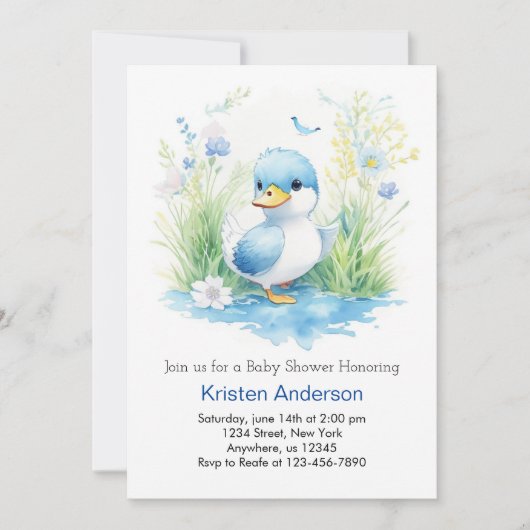 Invitation Baby shower Whimsical Fleur sauvage Duck Boy (Devant)