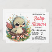 Invitation Baby shower Whimsical Girly Nest Bird (Devant / Derrière)