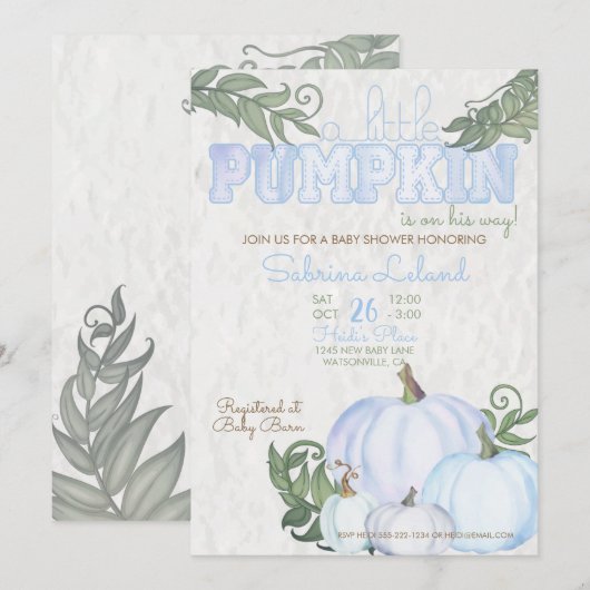 Invitation Baby shower Whimsical Little Citrouille Blue Boy (Devant / Derrière)