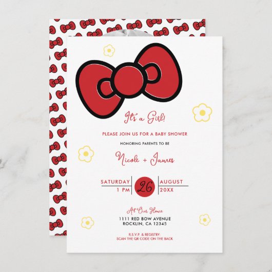 Invitation Baby shower Whimsical mou Red Bow (Devant / Derrière)