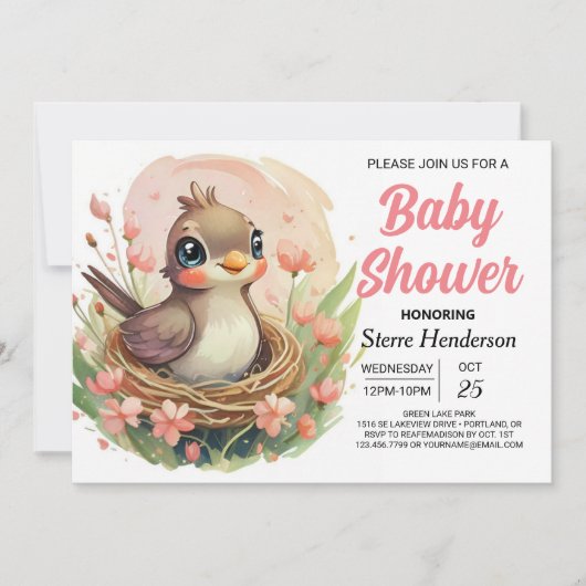 Invitation Baby shower Whimsical Oiseau de nid moderne (Devant)