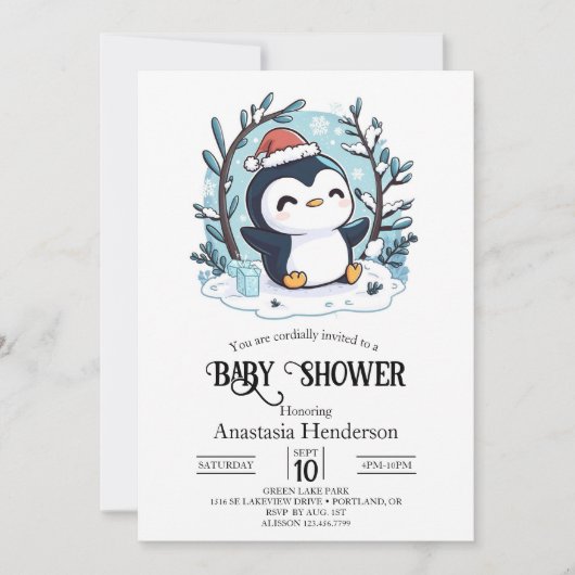 Invitation Baby shower Whimsical Petit Penguin (Devant)