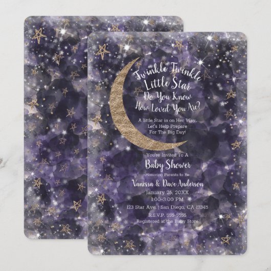Invitation Baby shower Whimsical Purple Gold Moon Stars (Devant / Derrière)