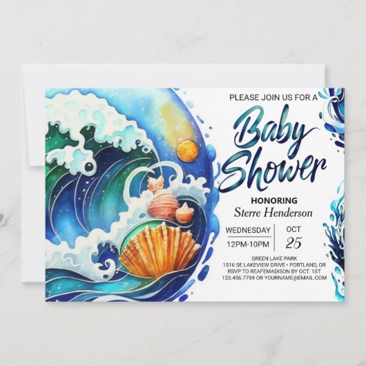 Invitation Baby shower Whimsical Sky Blue Waves (Devant)