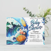 Invitation Baby shower Whimsical Sky Blue Waves (Debout devant)