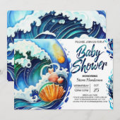 Invitation Baby shower Whimsical Sky Blue Waves (Devant / Derrière)