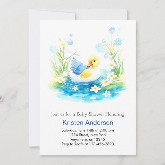 Invitation Baby shower Whimsical Watercolor Duckling Boy (Devant)