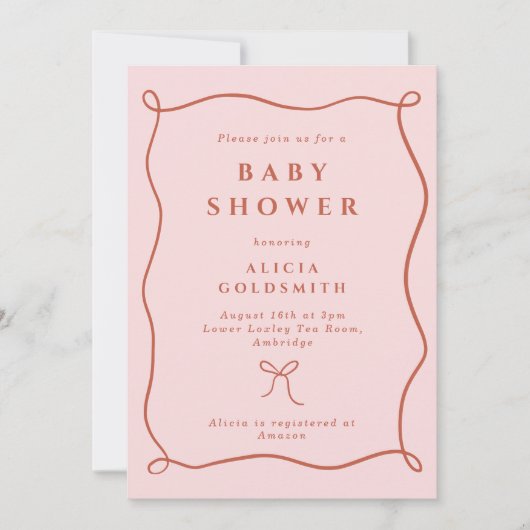 Invitation Baby shower Whimsical Wavy Frame & Bow Rose (Devant)