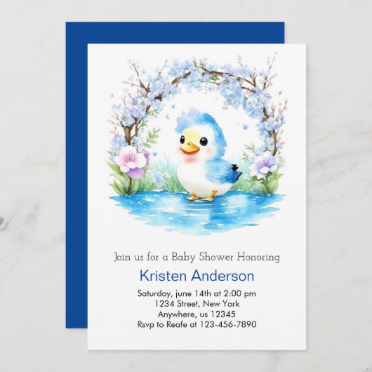 Invitation Baby shower Whimsical Whimsical Duckling bleu (Devant / Derrière)
