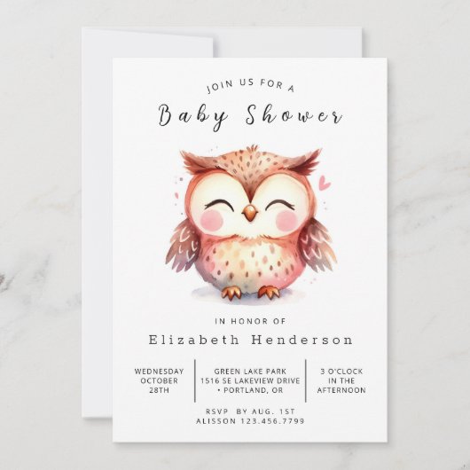 Invitation Baby shower Whimsy Custom Owl (Devant)