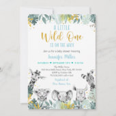 Invitation Baby shower Wild One Blue Gold Safari (Devant)