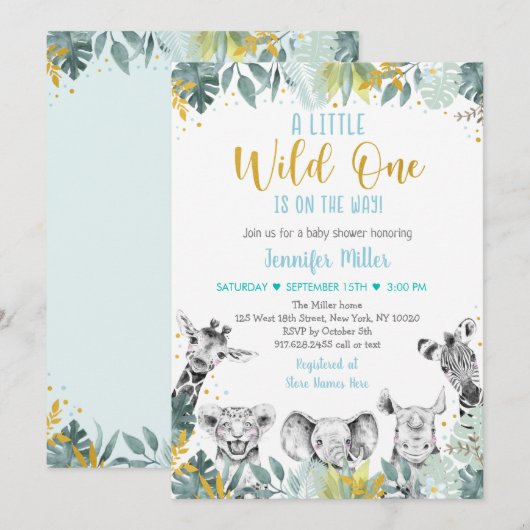 Invitation Baby shower Wild One Blue Gold Safari (Devant / Derrière)