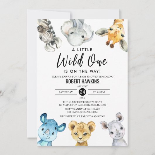 Invitation Baby shower Wild One non-genre Safari Animaux (Devant)