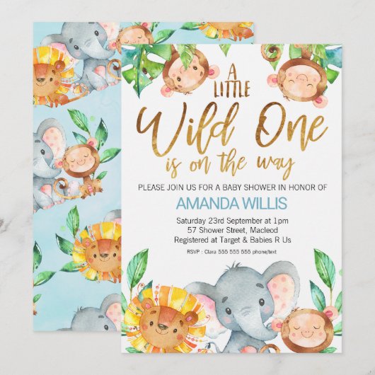 Invitation Baby shower Wild One Safari Animals (Devant / Derrière)
