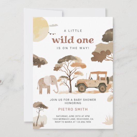 Invitation Baby shower Wild One Safari Animaux (Devant)