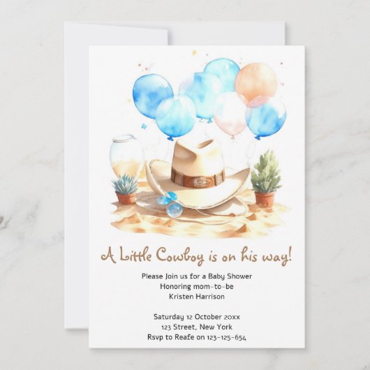 Invitation Baby shower Wild West Watercolor Cowboy (Devant)