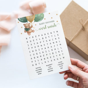 Invitation Baby shower Word Recherche Jeu Teddy Bear Blue Car