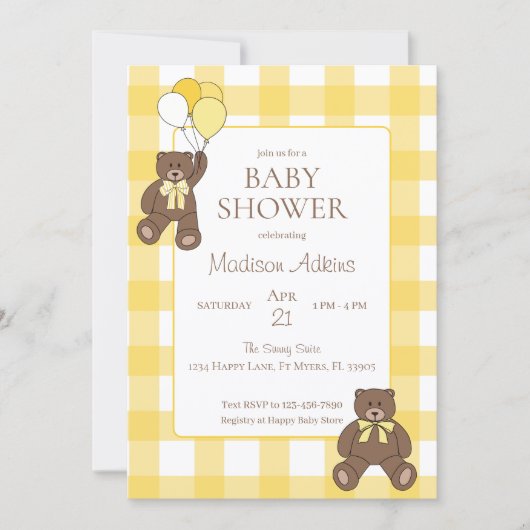 Invitation Baby Shower Yellow and White Plaid Teddy Bears (Devant)