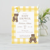 Invitation Baby Shower Yellow and White Plaid Teddy Bears (Debout devant)