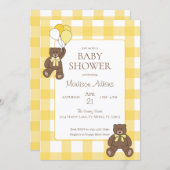 Invitation Baby Shower Yellow and White Plaid Teddy Bears (Devant / Derrière)