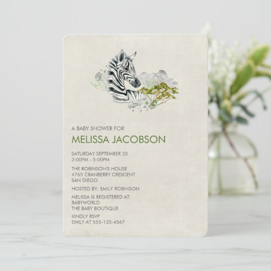 Invitation Baby shower Zebra aquarelle (Debout devant)