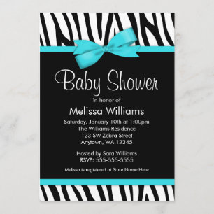 Invitation Baby shower Zebra Blue Imprimé Bow Turquoise