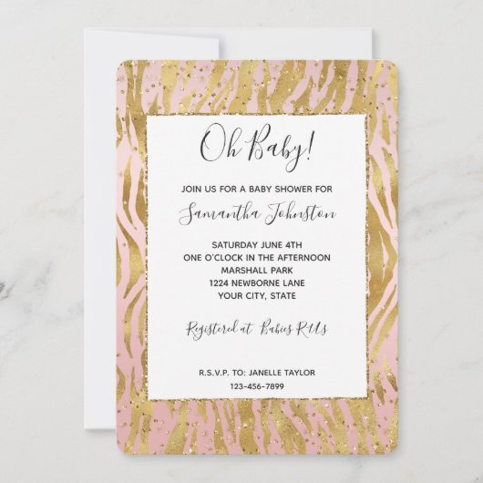 Invitation Baby shower Zebra Glitz en or rose (Devant)