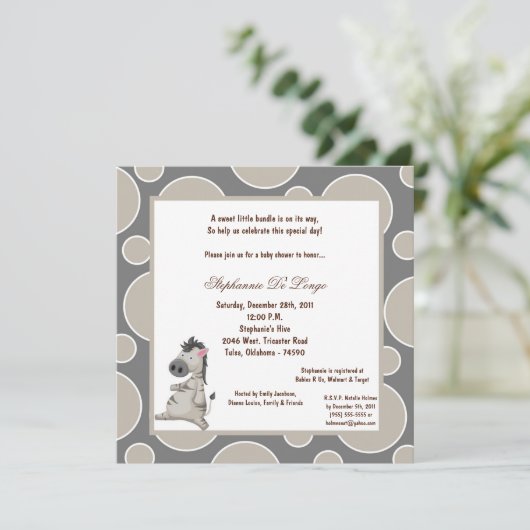 Invitation Baby shower Zebra Pok-a-Dot 5x7 (Debout devant)