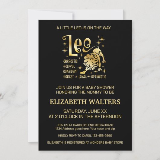 Invitation Baby shower Zodiac en or et noir Leo (Devant)