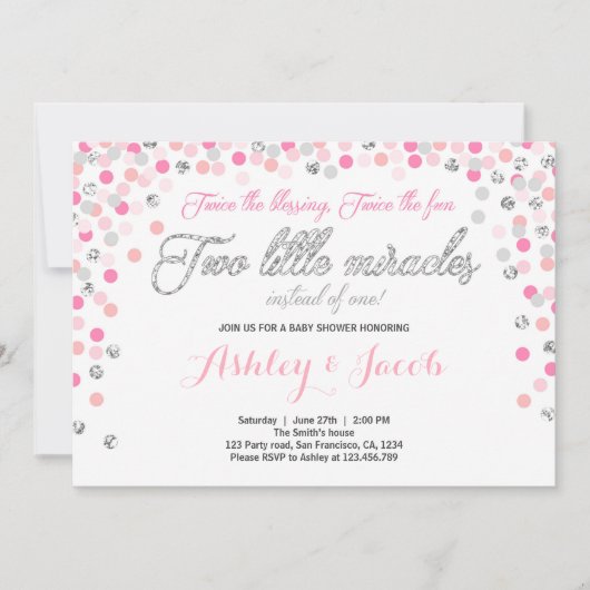 Invitation Baby showers jumeaux Filles rose et arg (Devant)